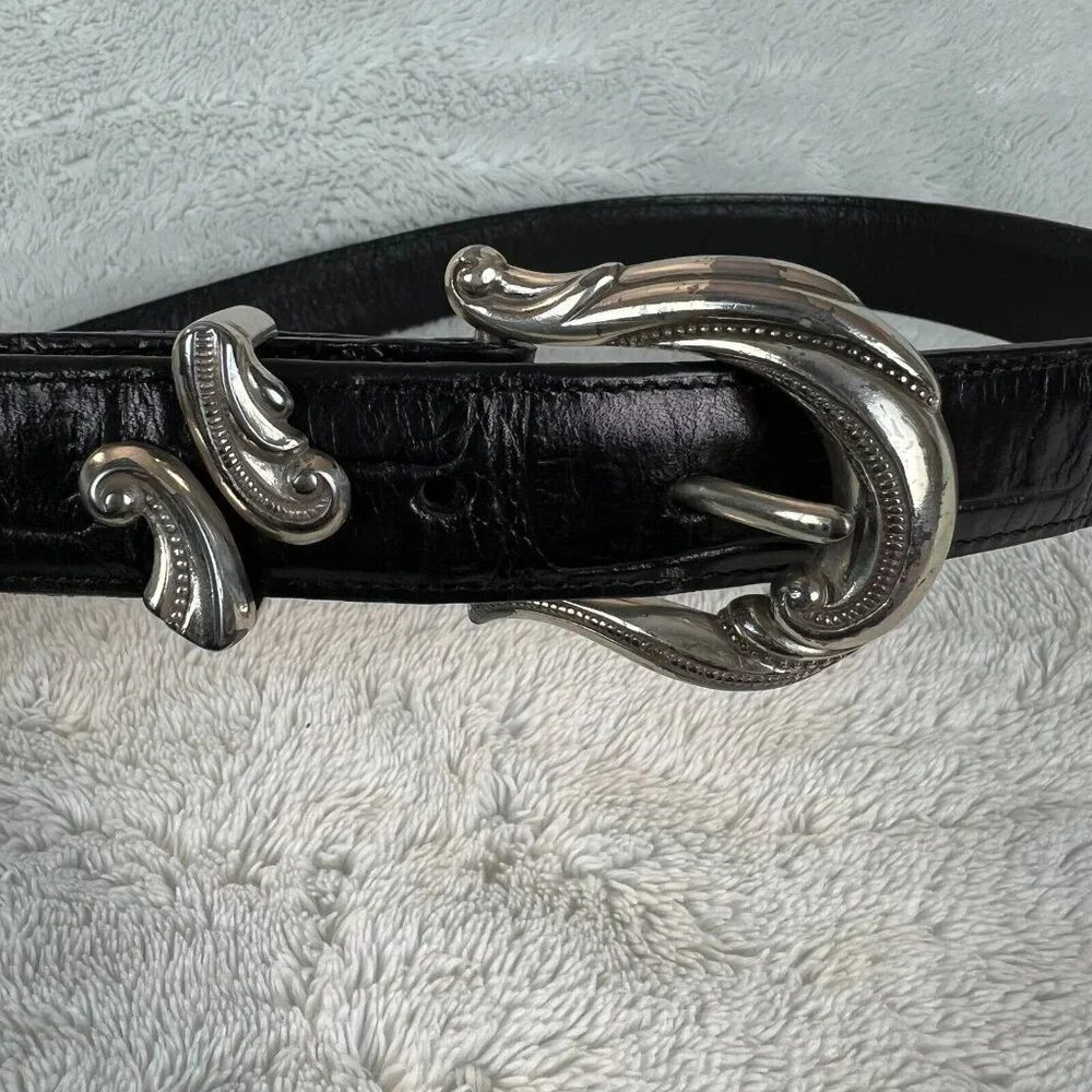 Brighton Western Belt Womens Medium Black Leather Alligator Embossed‎ Silver M